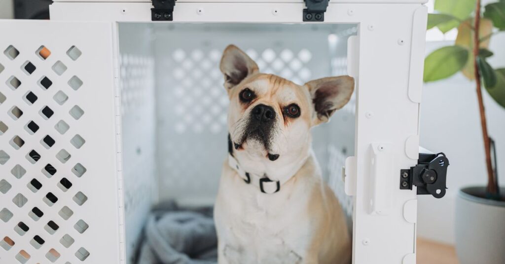 Dog resting calmly inside a den-like crate at home